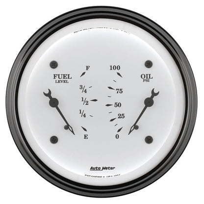 AutoMeter Gauge Dual Fuel & Oilp 3-3/8in. 0 Ohm(e) to 90 Ohm(f)& 100PSI Elec Old Tyme White 1624