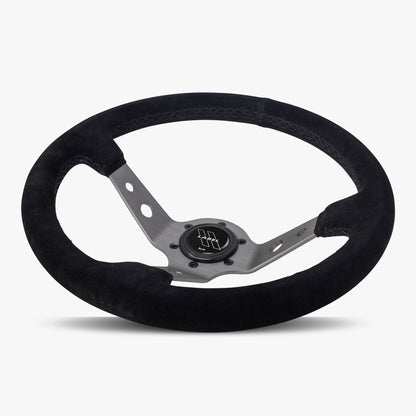 The Daytona | Black Alcantara Suede | Graphite Spoke | Black Stitch