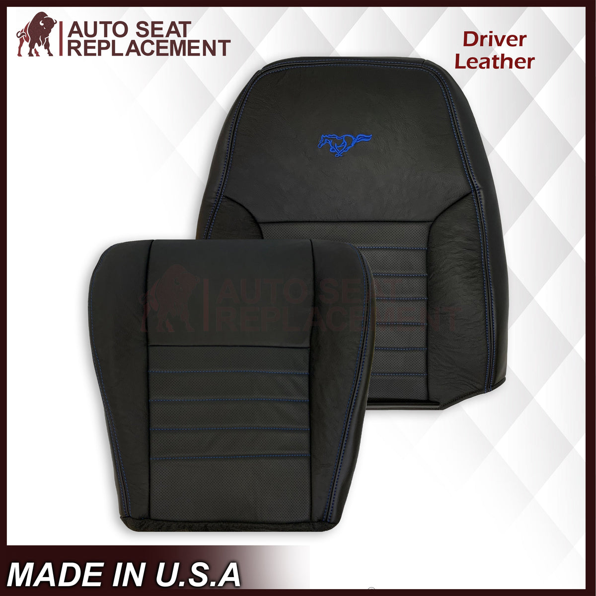 1999-2004 Ford Mustang GT Convertible Custom Blue Stitching Front & Second Row Seat Covers in Dark Charcoal Black: Choose From Variation