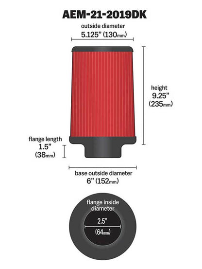 AEM Induction AEM DryFlow Air Filter AIR FILTER KIT 2.5in X 9in DRYFLOW 21-2019DK