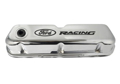 Ford Chrome Steel Valve Cover Set w/Ford Racing Logo FRD302-071
