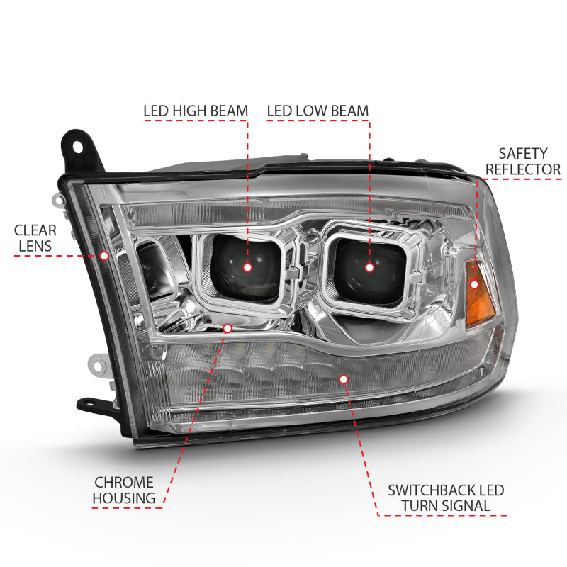 ANZO 2009-2018 Dodge Ram 1500 Led Projector Plank Style Switchback H.L Halo Chrome Amber (OE Style) 111465