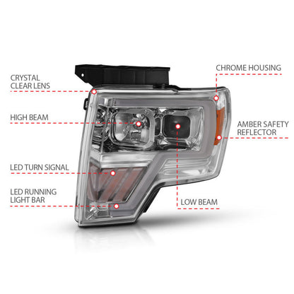 ANZO 2009-2014 Ford F-150 Projector Headlight Chrome Amber 111446