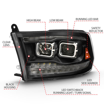ANZO 2009-2018 Dodge Ram 1500 Projector H.L. Switchback Black Amber 111441