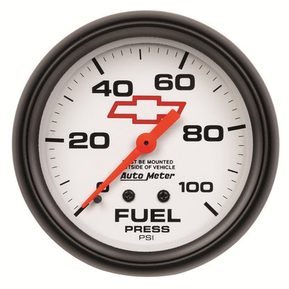 AutoMeter Gauge Fuel Press 2-5/8in. 100PSI Mechanical Chevy Red Bowtie White 5812-00406