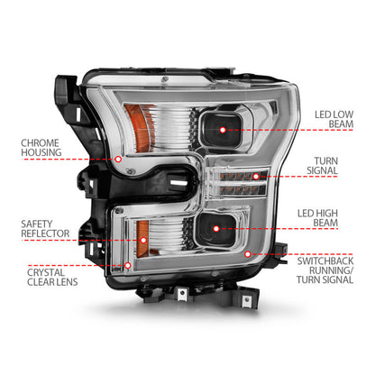 ANZO 15-17 Ford F-150 LED Projector Headlights - w/ Light Bar Switchback Chrome Housing 111548