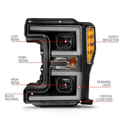 ANZO 17-19 Ford F-250/350/450 SD (w/o Factory LED) LED Proj Headlights w/Light Bar Switchback Blk 111577