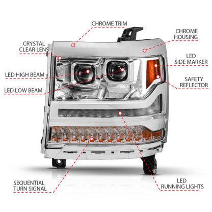 ANZO 16-18 Chevy Silverado 1500 (Factory HID Models ONLY) Full LED Proj Headlights Chrome - Pair 111623A