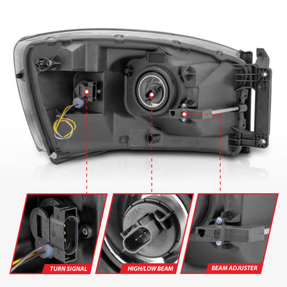 Anzo 06-09 Dodge RAM 1500/2500/3500 Headlights Black Housing/Clear Lens (w/ Light Bars) 111524