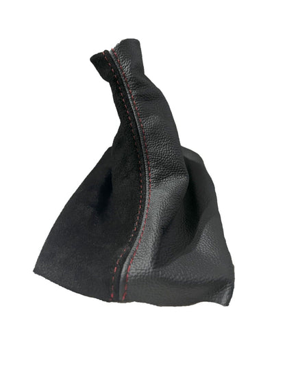 Black Leather & Suede Shift Boot Cover In Red Stitch For Ford Mustang GT 2005 2006 2007 2008 2009