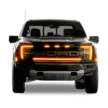 2021-2023 Ford F150 Raptor LED Grille Light Kit – Amber DRL Strip, IP67, Bolt-On, Black/Silver Bracket