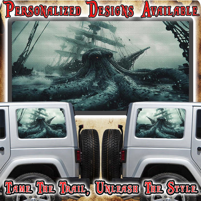 Rear quarter window see through graphic. Kraken decal
