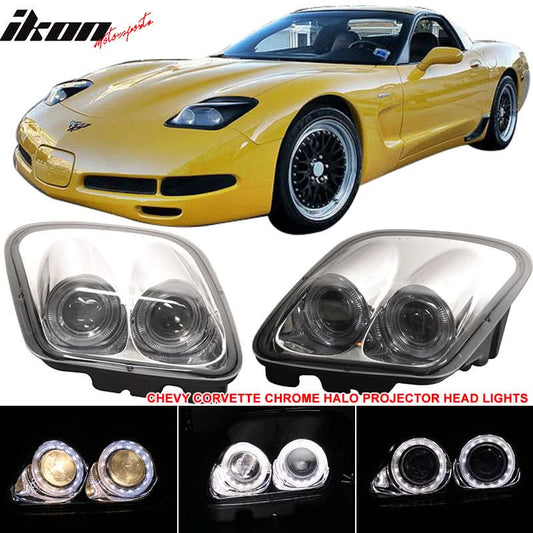 1997-2004 Chevy Corvette C5 Chrome Housing LED Halo Rim Headlight Lamp