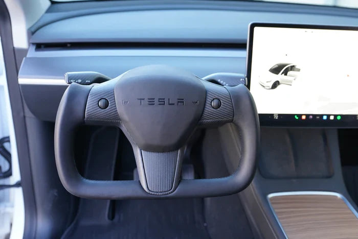 Sixth Element TESLA MODEL Y / MODEL 3 BLACK LEATHER DRY CARBON PLAID STYLE YOKE STEERING WHEEL