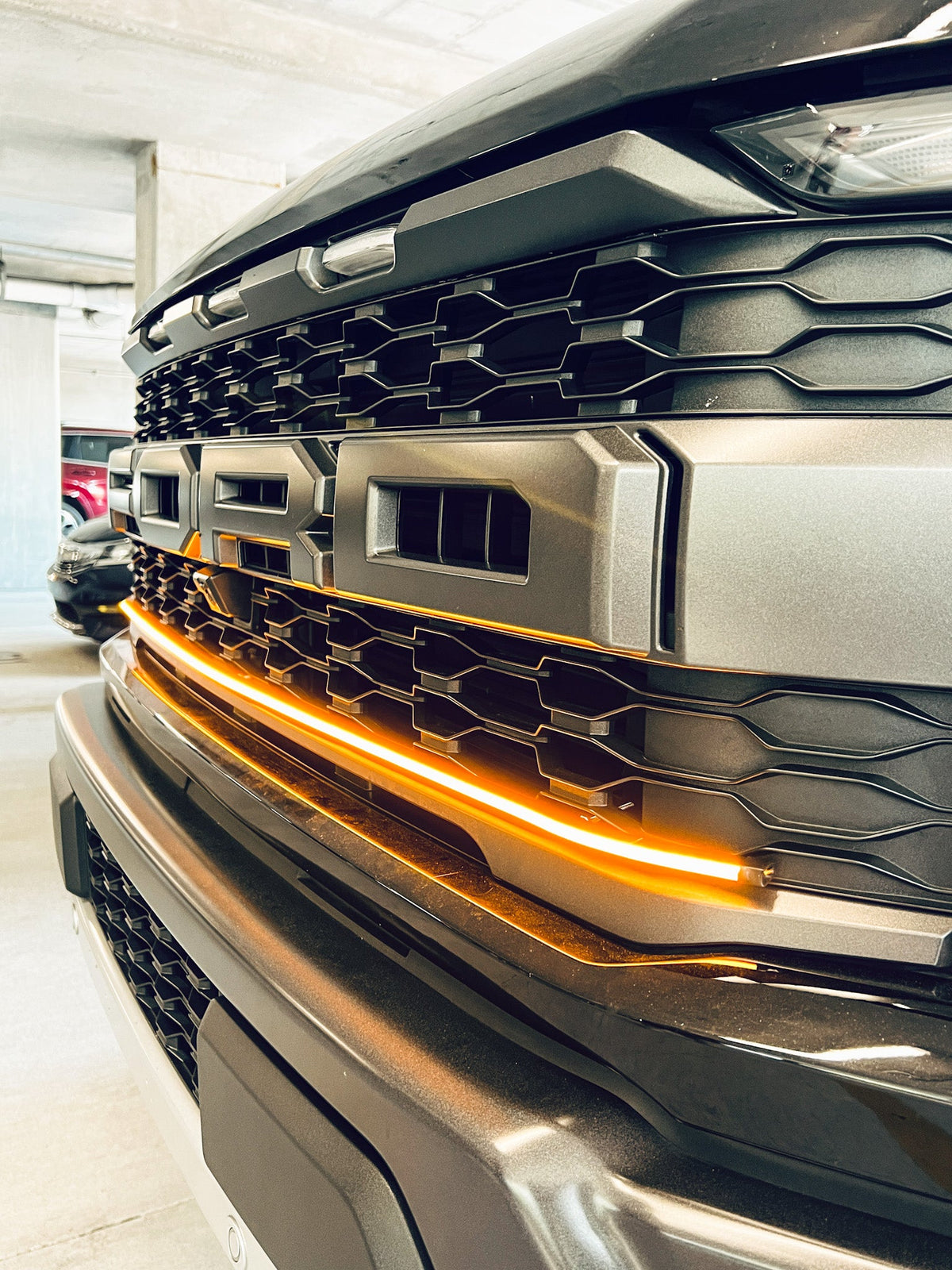 2021-2023 Ford F150 Raptor LED Grille Light Kit – Amber DRL Strip, IP67, Bolt-On, Black/Silver Bracket