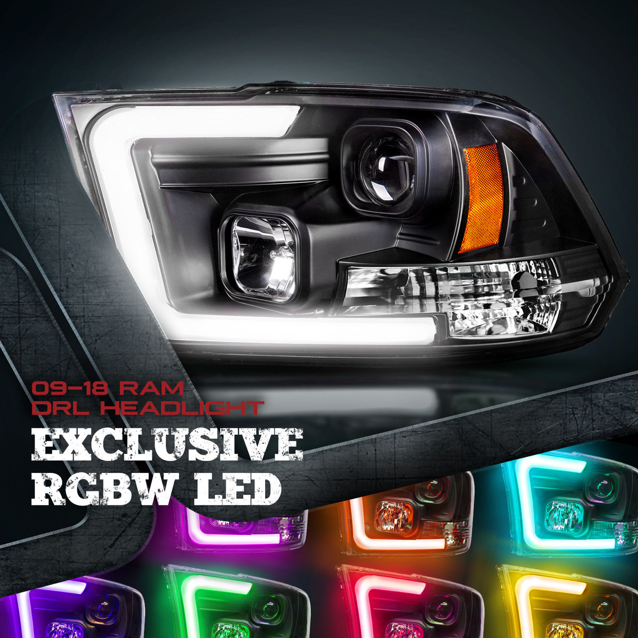 OPT7 09-18 RAM 1500 Black AURA RGB-W DRL LED Tube Headlights Projector -Bluetooth Built in Full Color