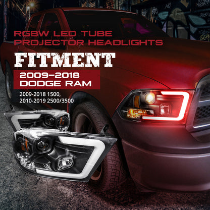 OPT7 09-18 RAM 1500 Black AURA RGB-W DRL LED Tube Headlights Projector -Bluetooth Built in Full Color