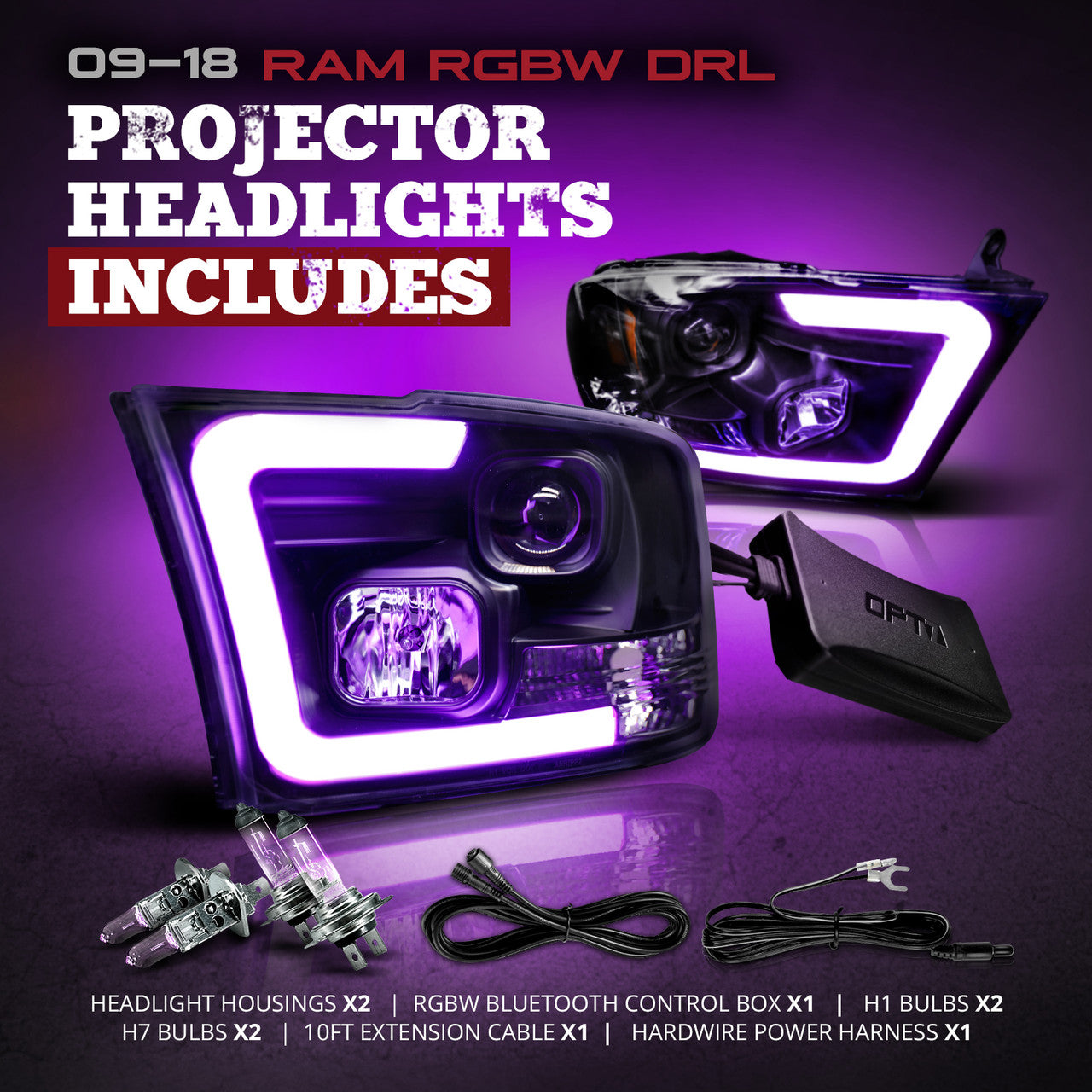 AURA 09-18 Ram Bundle- RGBW Headlights +Interior + Quantum Rock lights + Grille w- Bluetooth