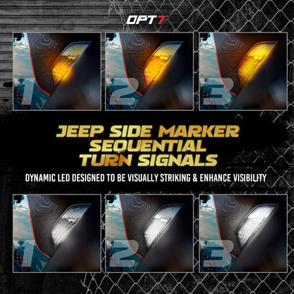 OPT7 LED Side Marker for Jeep Wrangler JL & Gladiator JT 18-23 w- Amber Sequential Turn Signal, White Running Light