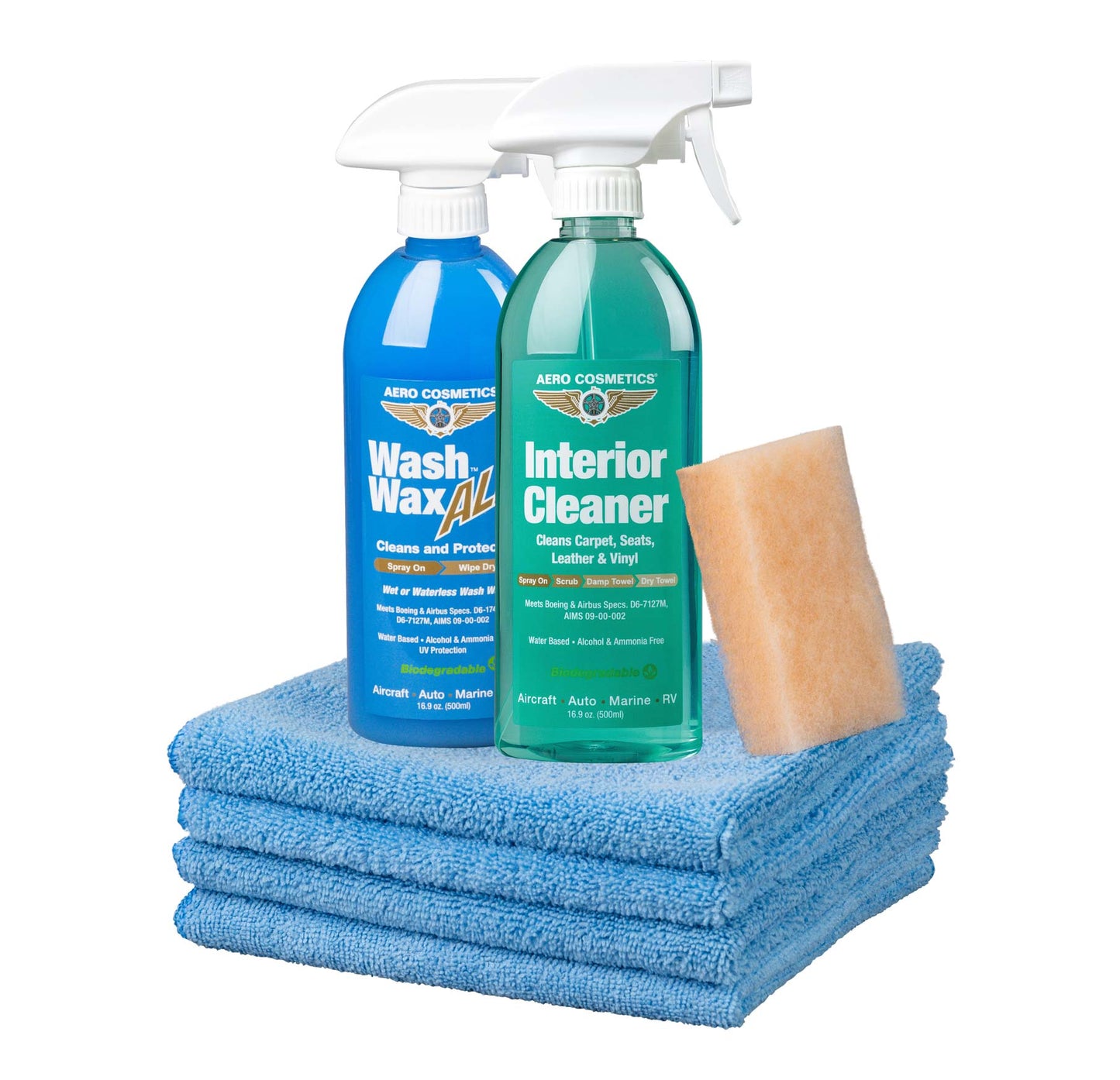 Interior Cleaner Kit - 16 Fl. oz Interior Cleaner, 16 Fl. oz Wash Wax ALL, Aero Microfiber Towels (4-Pack) & Mini Aero Scrubber Pad