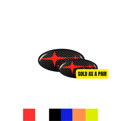 JDMuscle Pre-preg Carbon Fiber Subaru Emblem Covers Front & Back, Red/White/Blue [22-26 WRX, 15-21 WRX/STI, 18-23 Crosstrek, 17-23 Impreza]