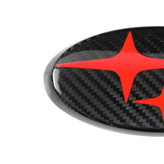 JDMuscle Pre-preg Carbon Fiber Subaru Emblem Covers Front & Back, Red/White/Blue [22-26 WRX, 15-21 WRX/STI, 18-23 Crosstrek, 17-23 Impreza]