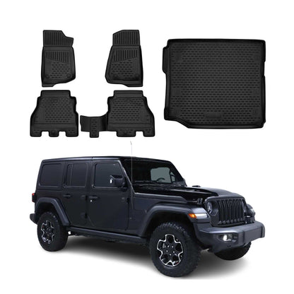 2018-2026 Jeep Wrangler Floor Mats & Cargo Liner Full Set All Weather 4 Door Black