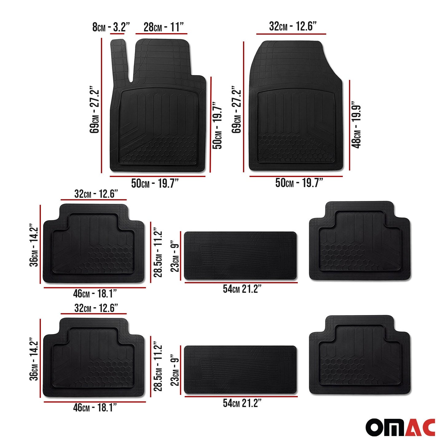 Floor Mats Liner 3-Row Car Universal Rubber Molded Protect 8+2 Pcs