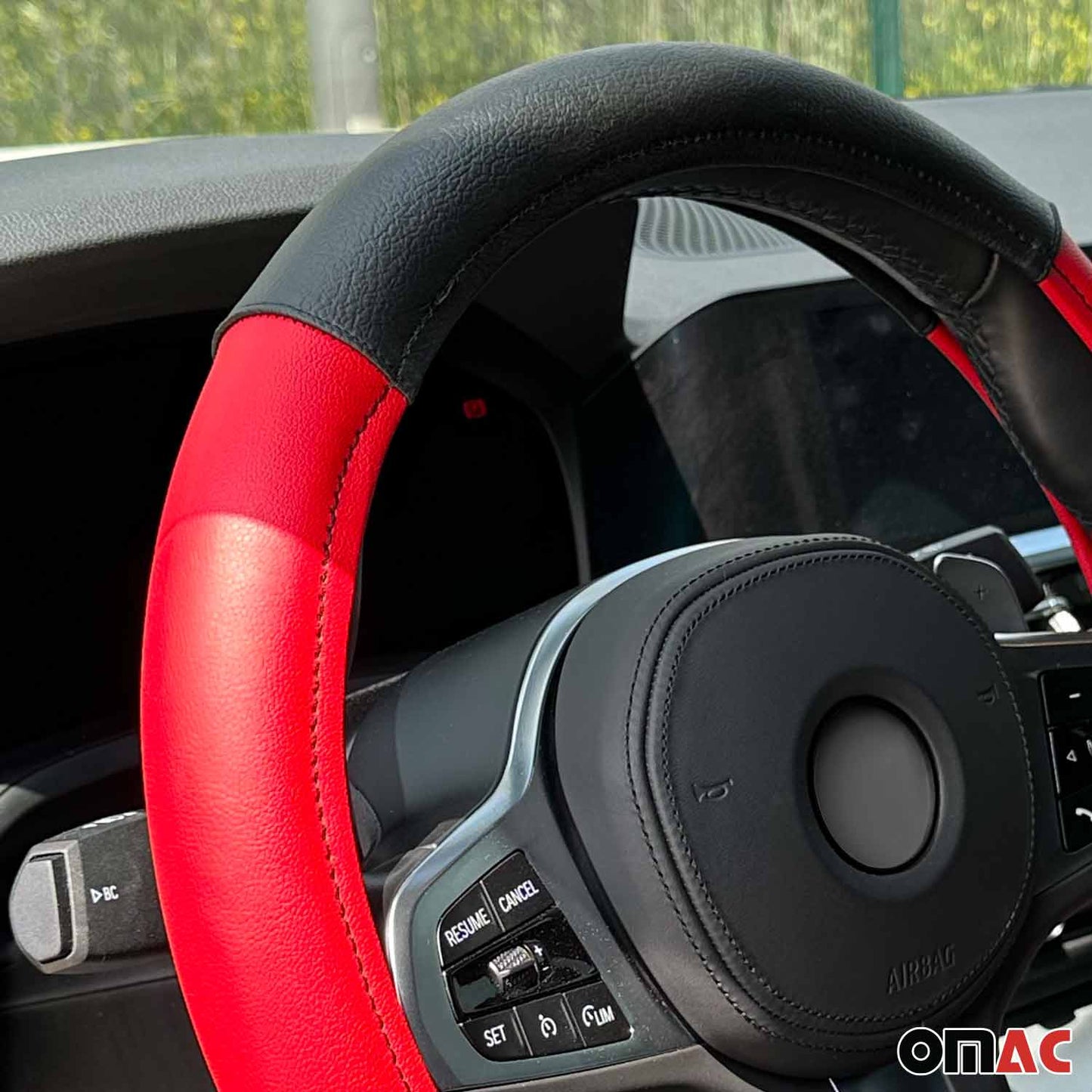 14.5-15.5’’ Steering Wheel Cover Red Black Leather Anti-slip Breathable