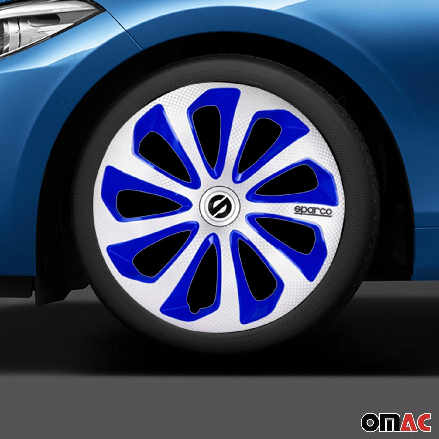 Sicilia Hub Caps Wheel Cover 14" Silver & Blue Carbon Full Set 4 pcs.