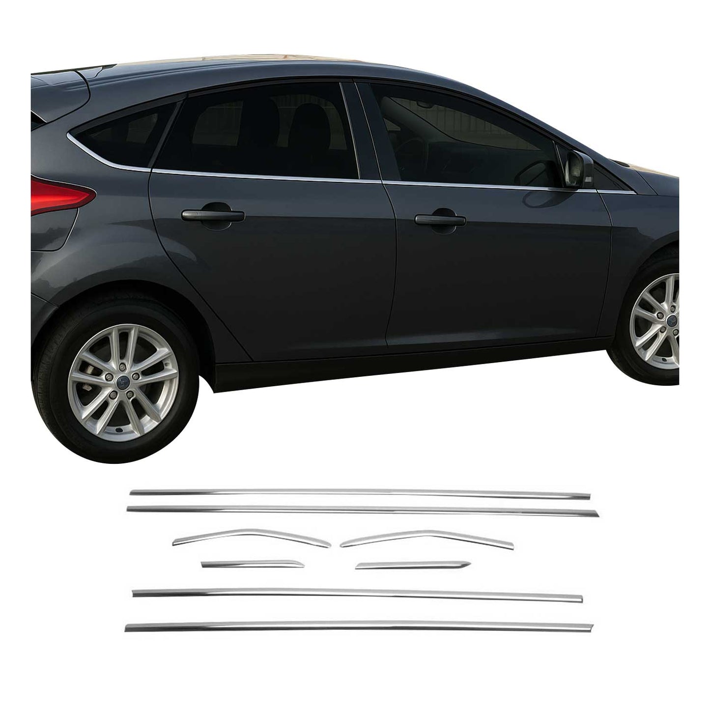 2012-2018 Ford Focus Hatchback 3.gen Window Molding Trim Streamer Stainless Steel Silver Chrome 8Pcs
