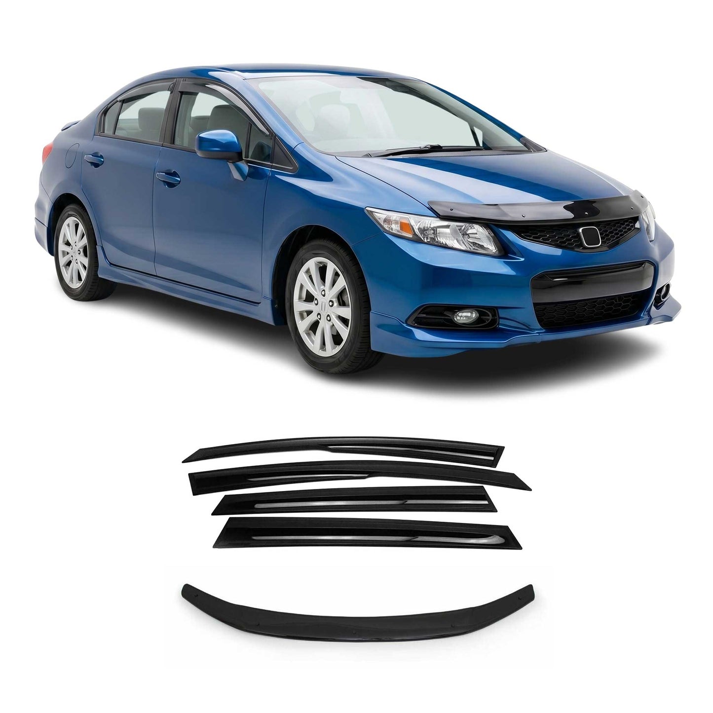 2012-2015 Honda Civic Sedan Bug Shield Hood Deflector & Window Visor Vent Kit 5Pcs Smoke
