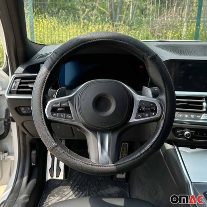 14.5-15.5’’ Steering Wheel Cover Half Moon Blue Leather Anti-slip Breathable