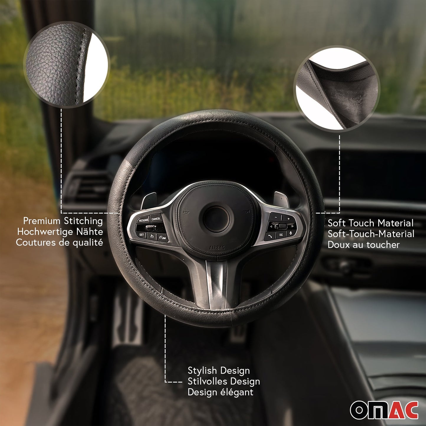 14.5-15.5’’ Steering Wheel Cover Black Leather Anti-slip Breathable