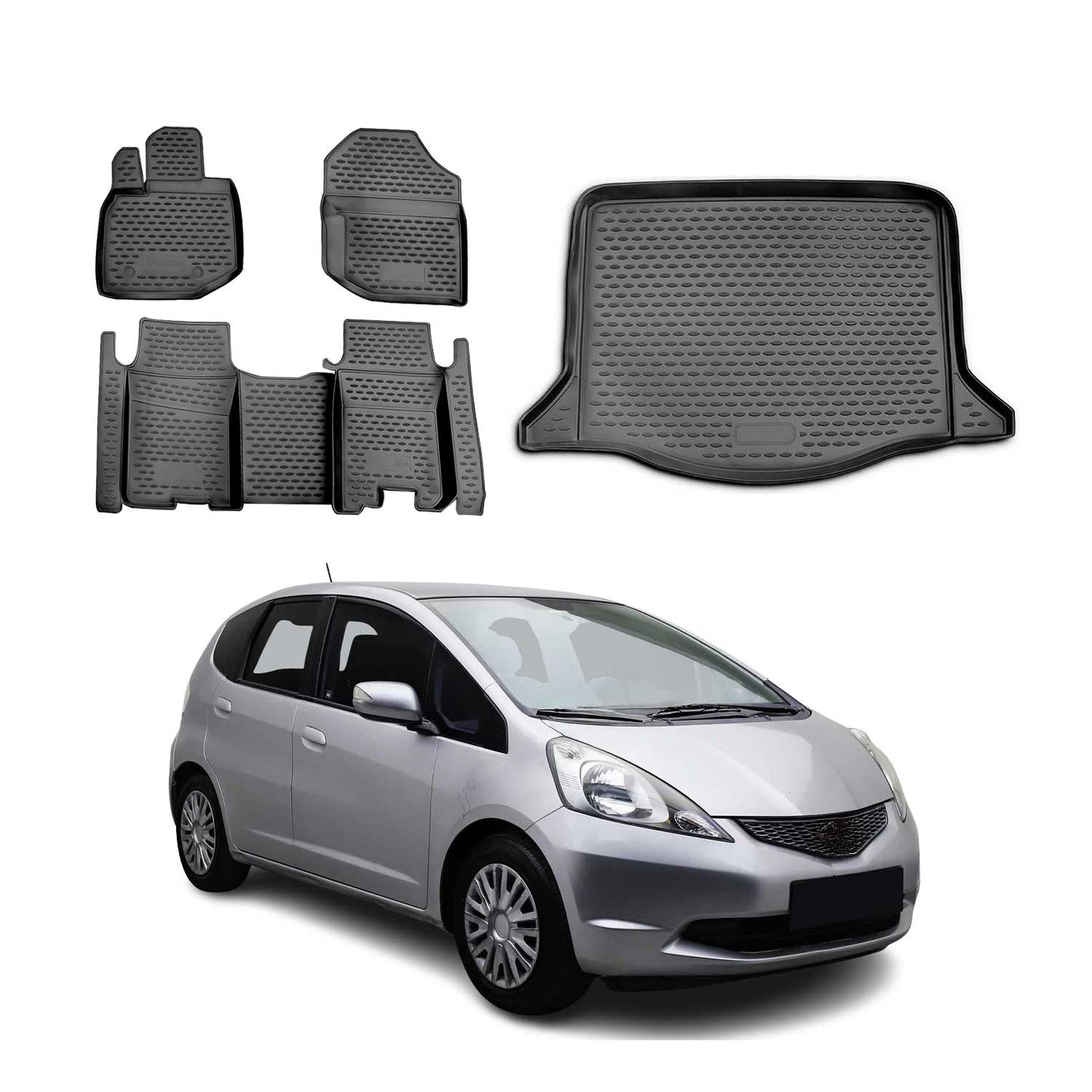 2009-2013 Honda Fit 2.gen Hatchback Floor Mats & Cargo Liner Full Set All Weather Black