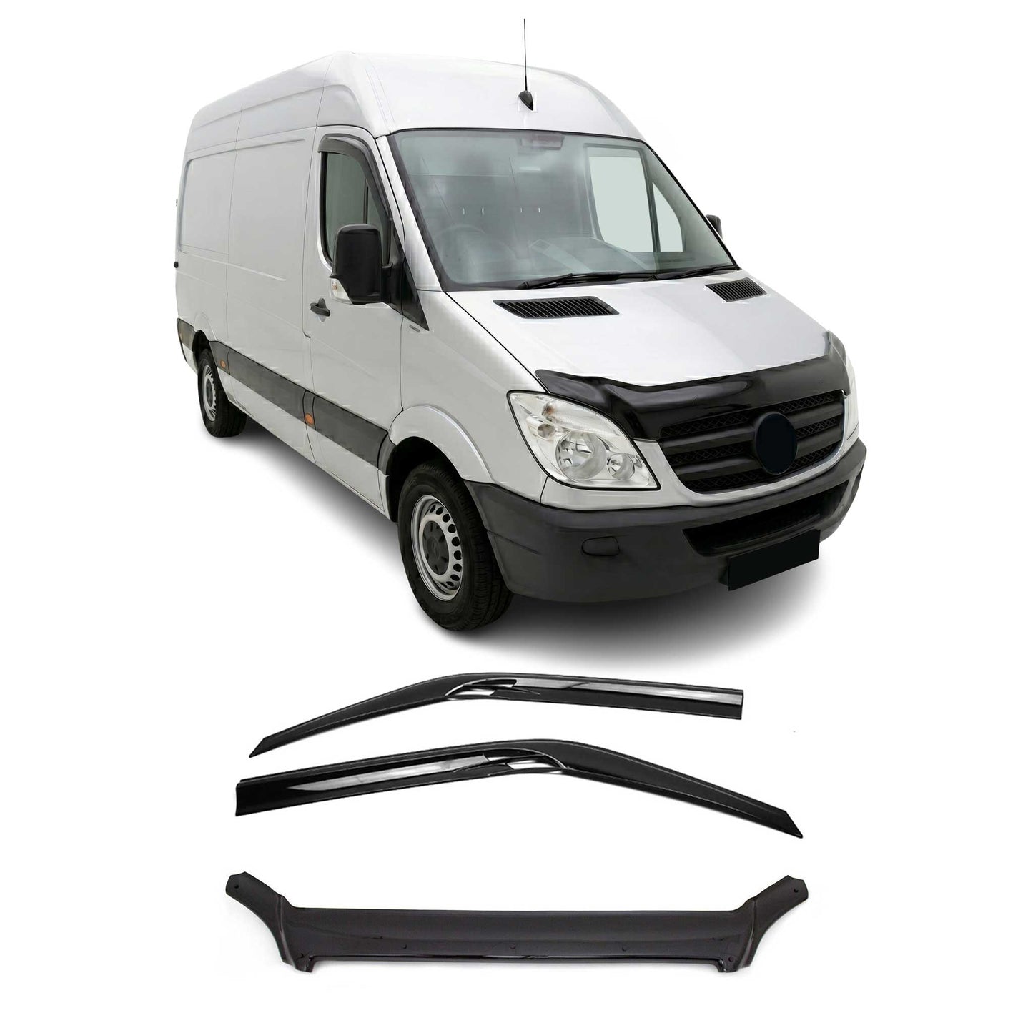 2006-2013 Mercedes Sprinter W906 Bug Shield Hood Deflector & Window Visor Kit 3Pcs Smoke