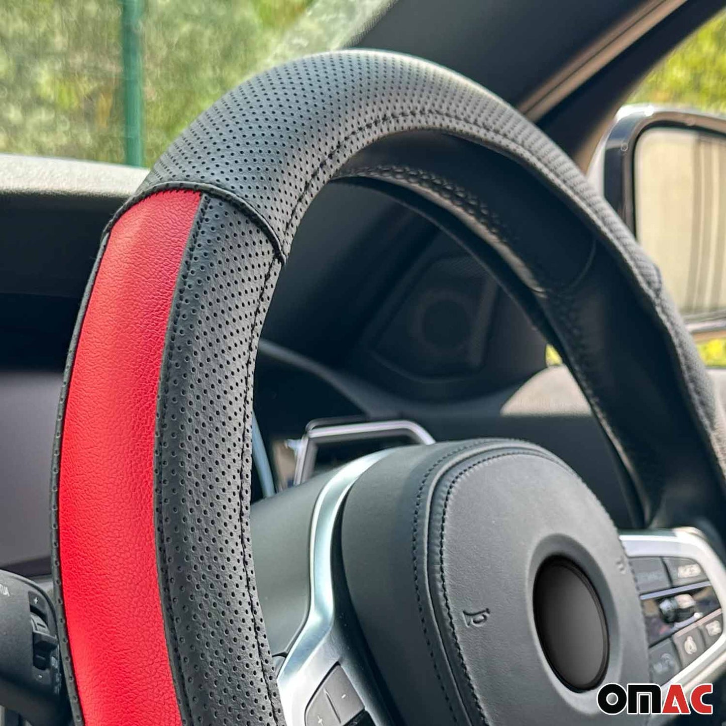 14.5-15.5’’ Steering Wheel Cover Half Moon Red Leather Anti-slip Breathable