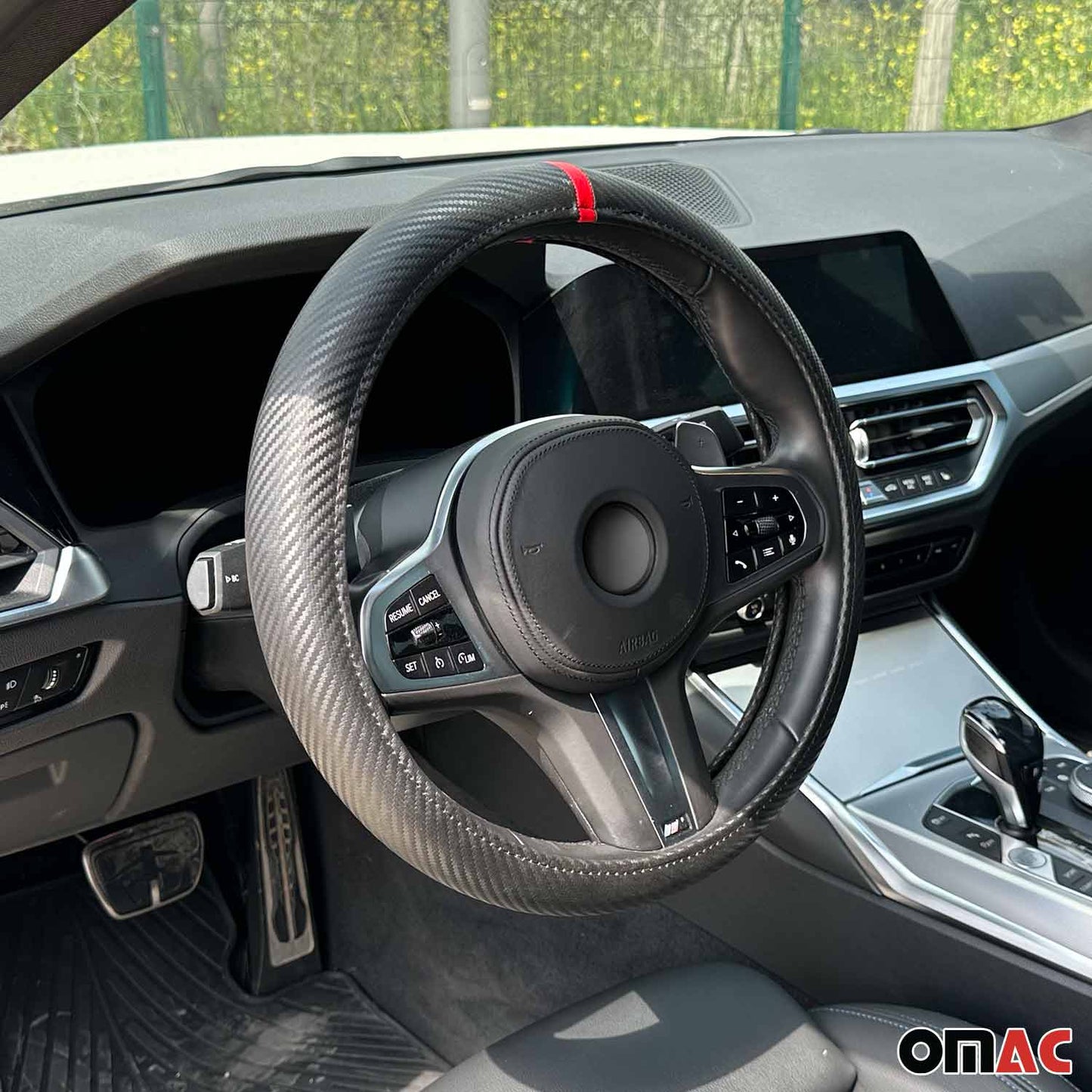 14.5-15.5’’ Steering Wheel Cover Red Stripe Leather Anti-slip Breathable