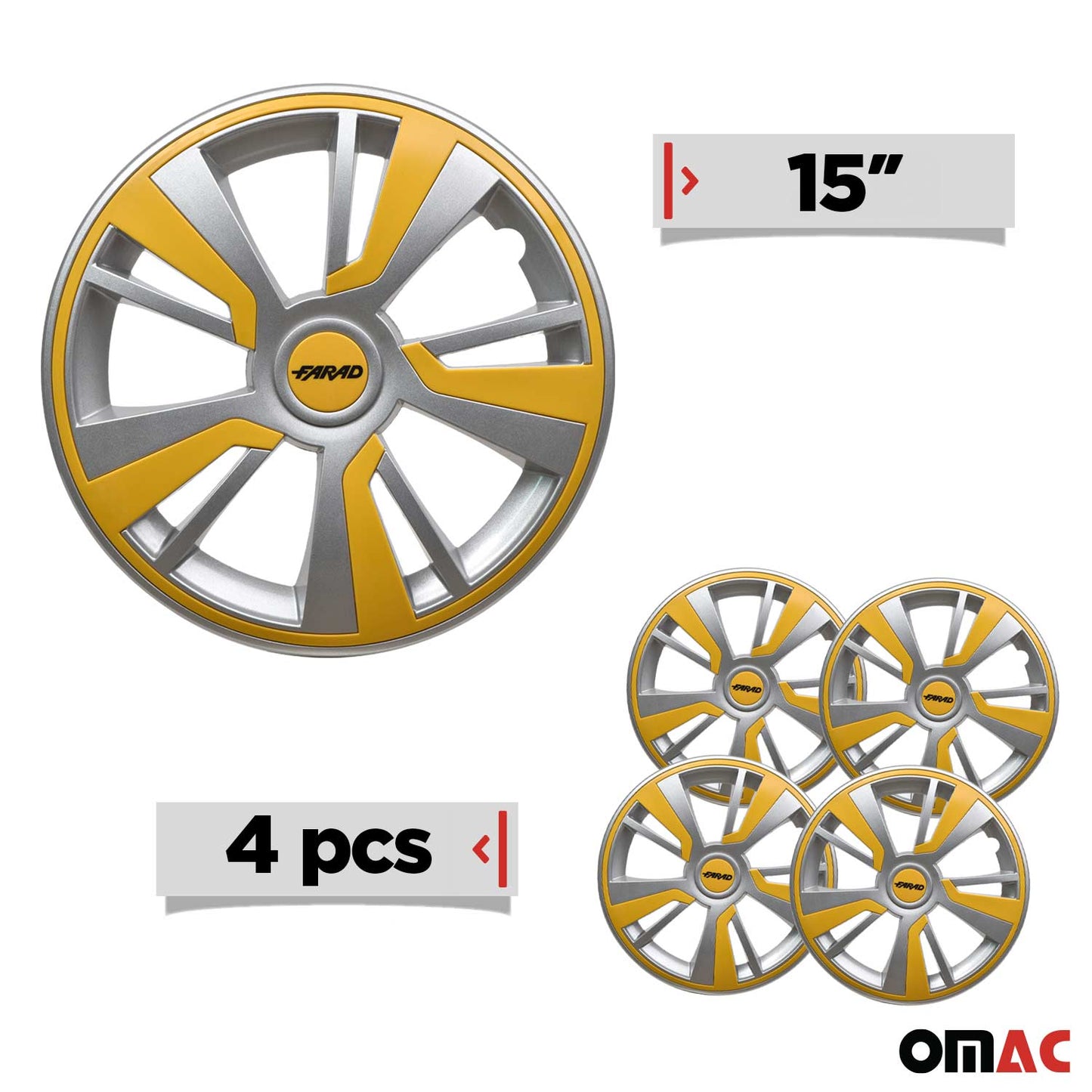 Twintone Hub Caps Wheel Cover 15" Grey & Yellow Insert Full Set 4 pcs.