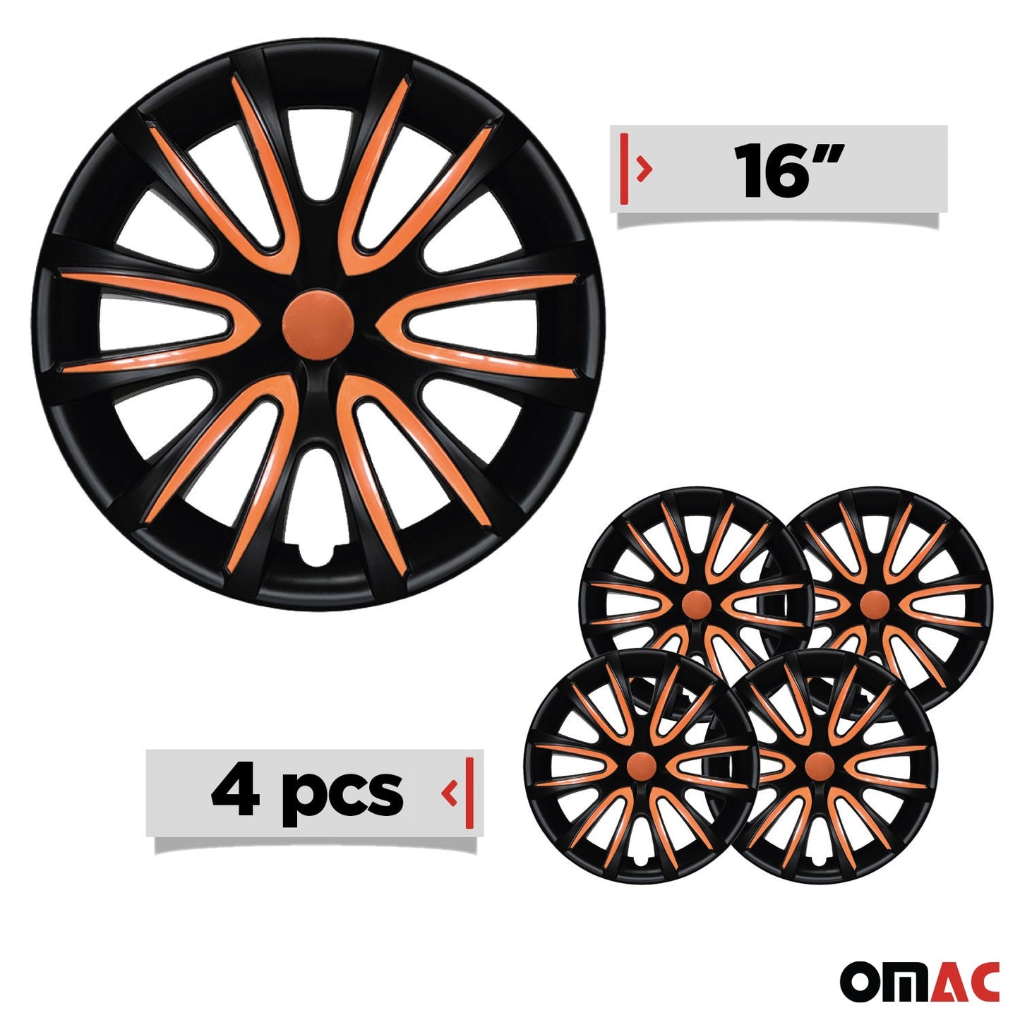 Bicolo Hub Caps Wheel Cover 16" Black Matt & Orange Full Set 4 pcs.