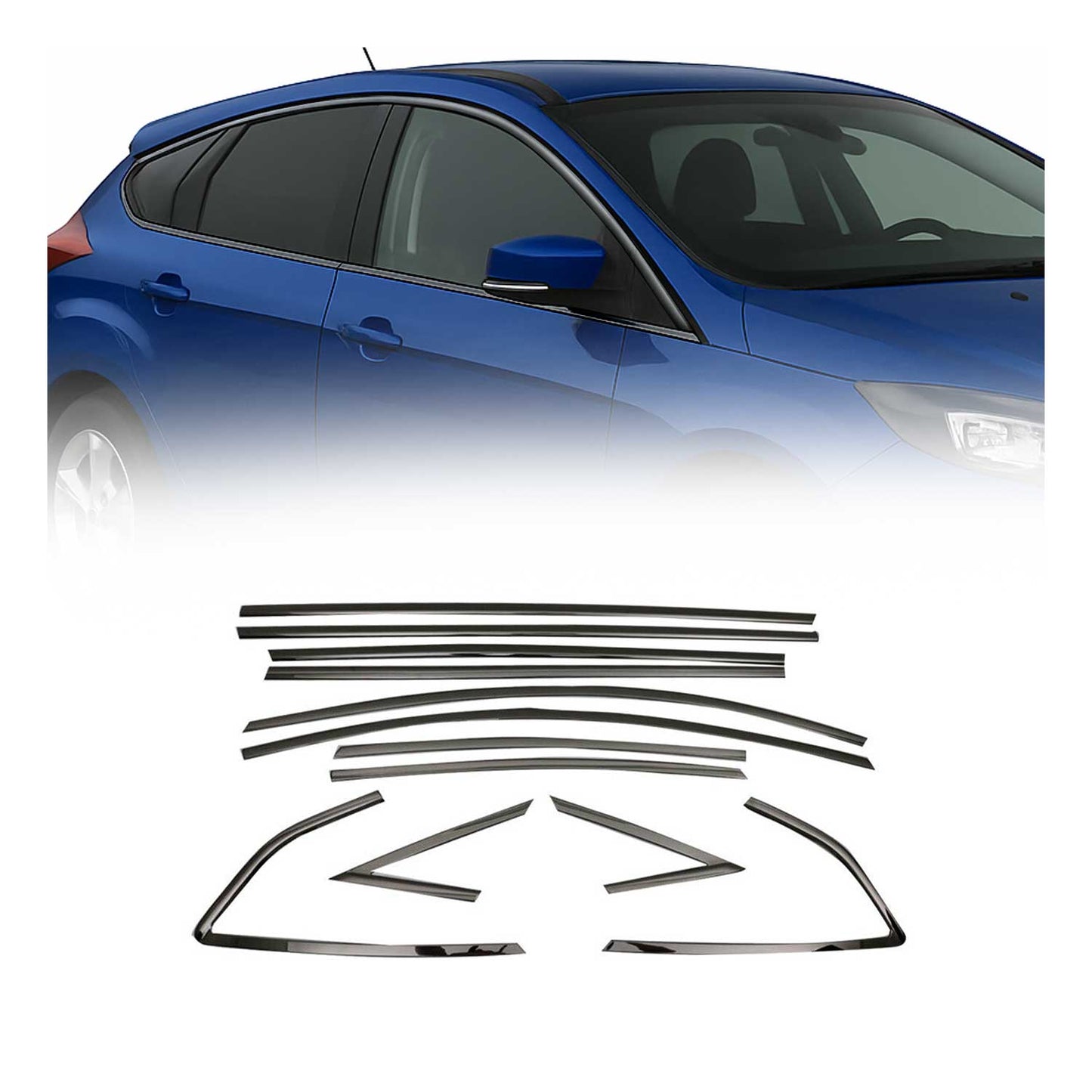 2012-2018 Ford Focus Hatchback Window Molding Trim Streamer Stainless Steel Dark 12Pcs