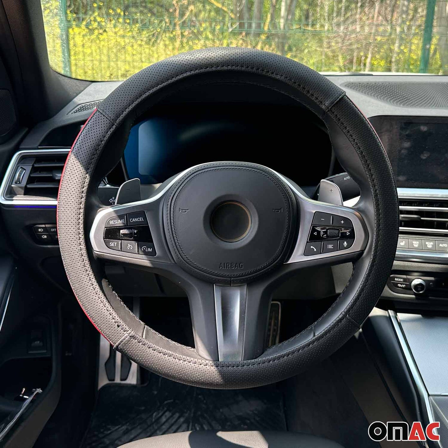 14.5-15.5’’ Steering Wheel Cover Half Moon Red Leather Anti-slip Breathable