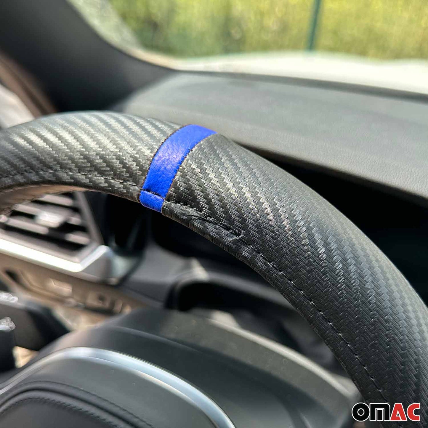 14.5-15.5’’ Steering Wheel Cover Blue Stripe Leather Anti-slip Breathable