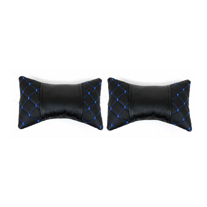 2x Car Seat Neck Pillow Head Shoulder Rest Pad Black with Blue PU Leather