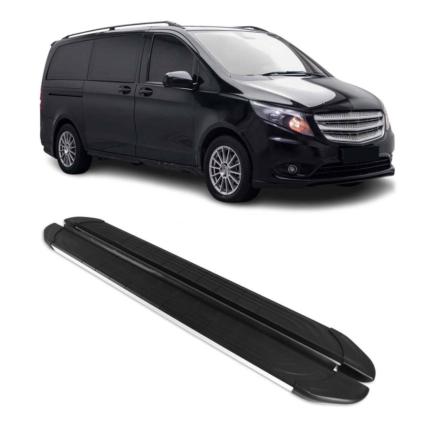 2016-2024 Mercedes Metris Short Running Boards Side Steps Silver & Black