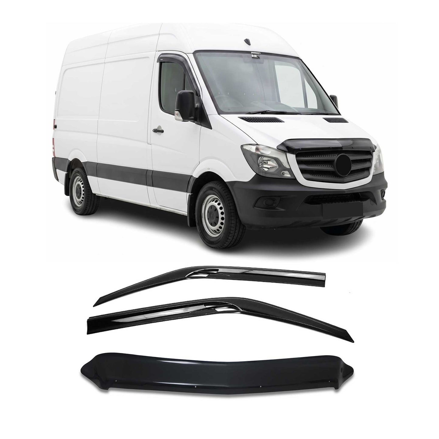 2014-2018 Mercedes Sprinter W906 Bug Shield Hood Deflector & Window Visor Kit 3Pcs Smoke