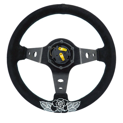 Custom Rose Universal 350mm 3" Deep Dish 6-Bolt Steering Wheel Black Suede Alcantara