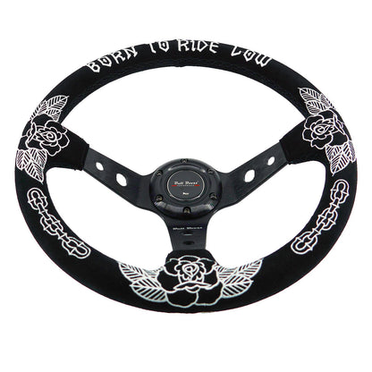 Custom Rose Universal 350mm 3" Deep Dish 6-Bolt Steering Wheel Black Suede Alcantara