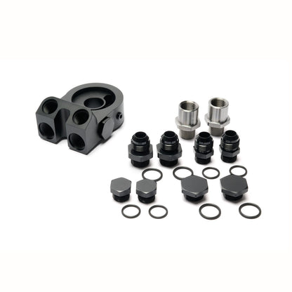 BOOST Products Billet Oil Filter Sandwich Plate Adapter  w/ Thermostat, black anodized