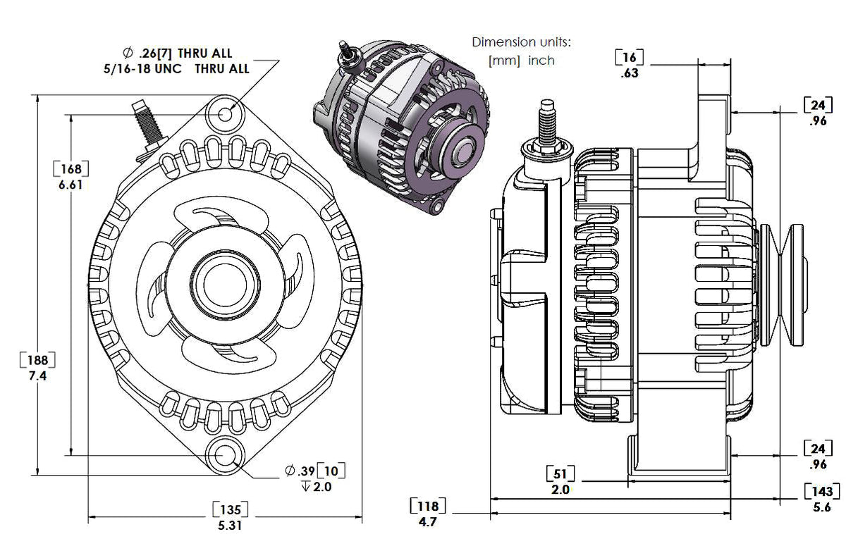 Mechman 170 Amp Racing Alternator 1965-1985 GM - Black (Includes 2 Pulleys)